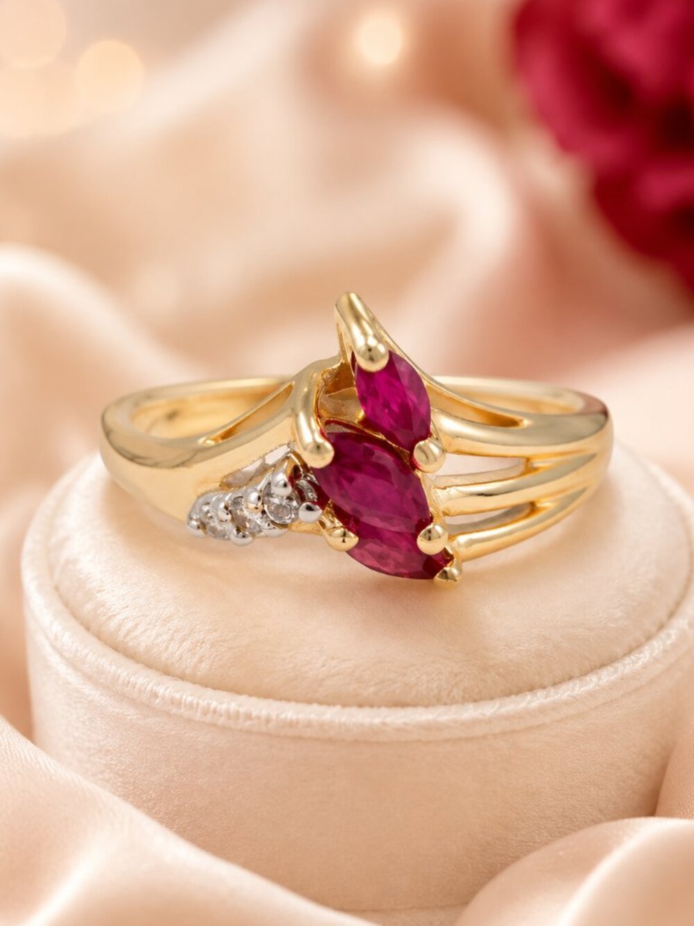 Helzberg Diamonds Natural Marquise Ruby & .10 CTW Diamond Ring — 14K Gold